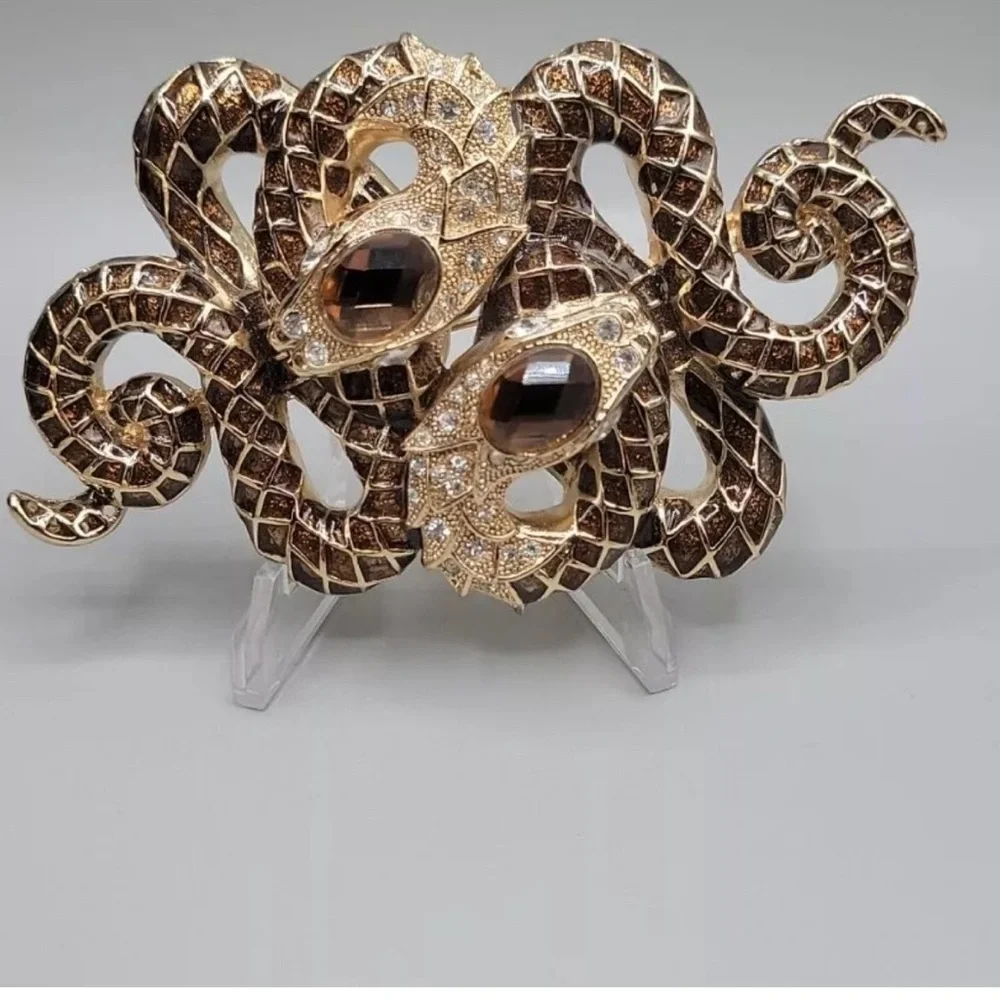 Vintage Extra Large Brown Enamel Double Snake Brooch Pin Pendant Crystals